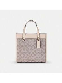 Coach Field 皮革托特包女士大号单肩包工作手提包，采用标志性提花设计，按扣闭合，底部有四个保护脚 - 紫色 - 查看 4