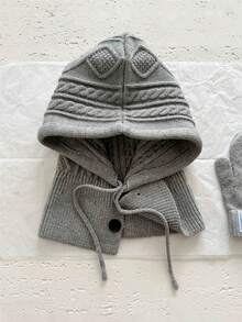 1 件女士春季纯色几何图案抽绳针织帽，拉法帽滑雪面罩，韩国冬季保暖围脖，适合日常外出和购物