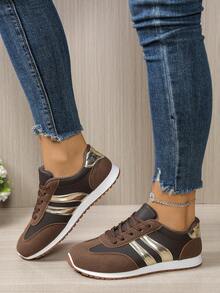 Women's Casual Sneakers, Gold Stripes, Classic Striped Design, Comfortable And Versatile For Daily Wear. This Women's Casual Striped Low-Top Sneakers Feature A Lightweight And Breathable Fabric Upper, Durable Rubber Outsole, And Lace-Up Design, Suitable For All Seasons And Casual Wear. Upgraded With A Removable Insole To Solve The Issue Of Improper Fit.