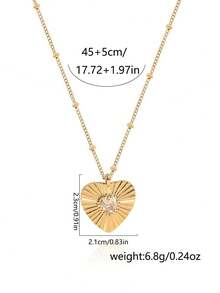 1pc Carved Line Heart Zirconia Inlaid Pendant Necklace, Versatile Daily Wear Accessory (Chain Bead Quantity Random)