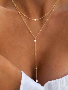 This Fashionable And Sexy Double-Layer Necklace Is Designed For Women, Featuring Diamond-Encrusted Gold Spacer Beads. The Captivating Sparkling Y-Shaped Double-Layer Necklace, Also With Diamond Accents, Perfectly Showcases Feminine Charm. Suitable For Women To Wear When Traveling Or Attending Parties. - Gold - View 3