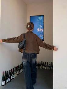 Retro Minimalist Suede Moto Jacket - Brown - View 5