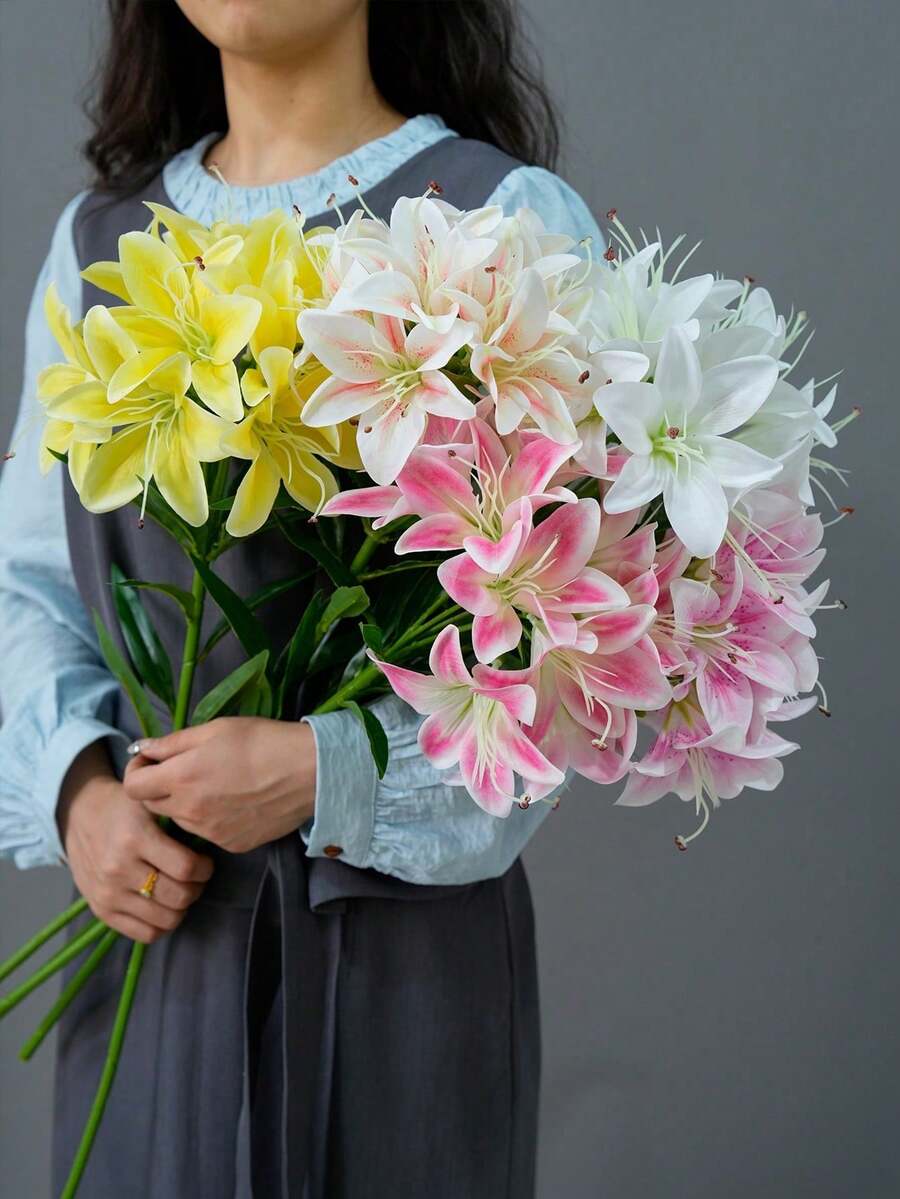 1pc 10-Head Artificial Lily Flower Branch, Living Room Decor, Floral Arrangement, Photography Prop - Multicolor - View 1