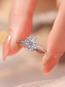 1pc S925 Sterling Silver Snowflake Cubic Zirconia Engagement Ring, Delicate European & American Style, Suitable For Women, Best Gift For Lover, Friend, Family, Christmas Gift, High-End Jewelry For Ladies