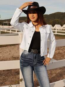 Áo khoác denim nữ màu trắng dáng ngắn ôm sát - Phong cách miền Tây giản dị, phù hợp cho trang phục thường ngày, chụp ảnh ở trang trại và phối đồ đa năng. - trắng - Xem 3