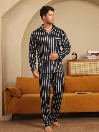 2pcs Men's Pajama Set, Striped Long Sleeve Button Top And Long Pants, Minimalist Loungewear Winter Clothes