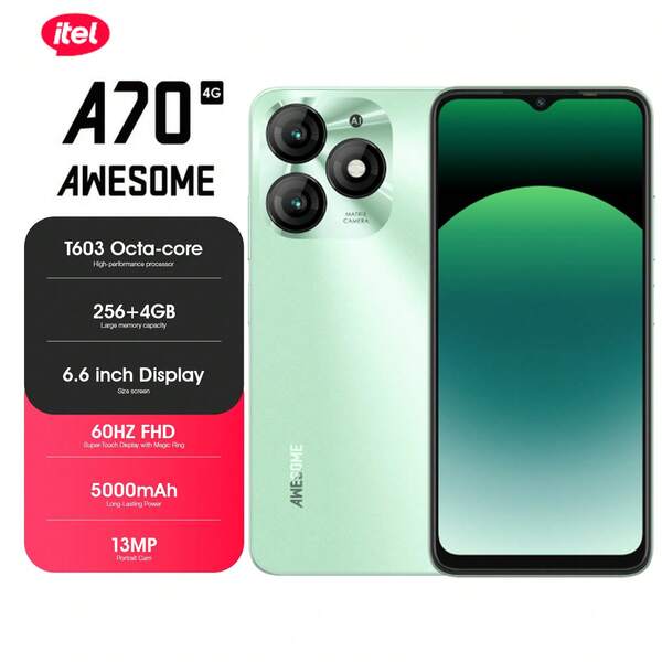 itel A70 Green 4GB+256GB Mobile Phone, 6.6" HD+ Ultra-Narrow Bottom Frame+Side Fingerprint+Flagship Composite Board Process Appearance, Super Power Saving, Beauty Camera, AI Photo Taking, Face Unlocking And Animation, Memory Fusion, Find My Phone, Ios Style UX, Water Drop Version Of Smart Island, Android 13, 5000mAh Long Battery Life+Type-C 10W Fast Charge