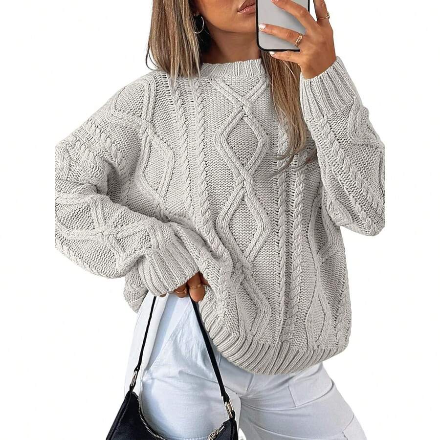 2025 Women's Oversized Cable Knit Crewneck Sweaters - Pastel Gray - View 1
