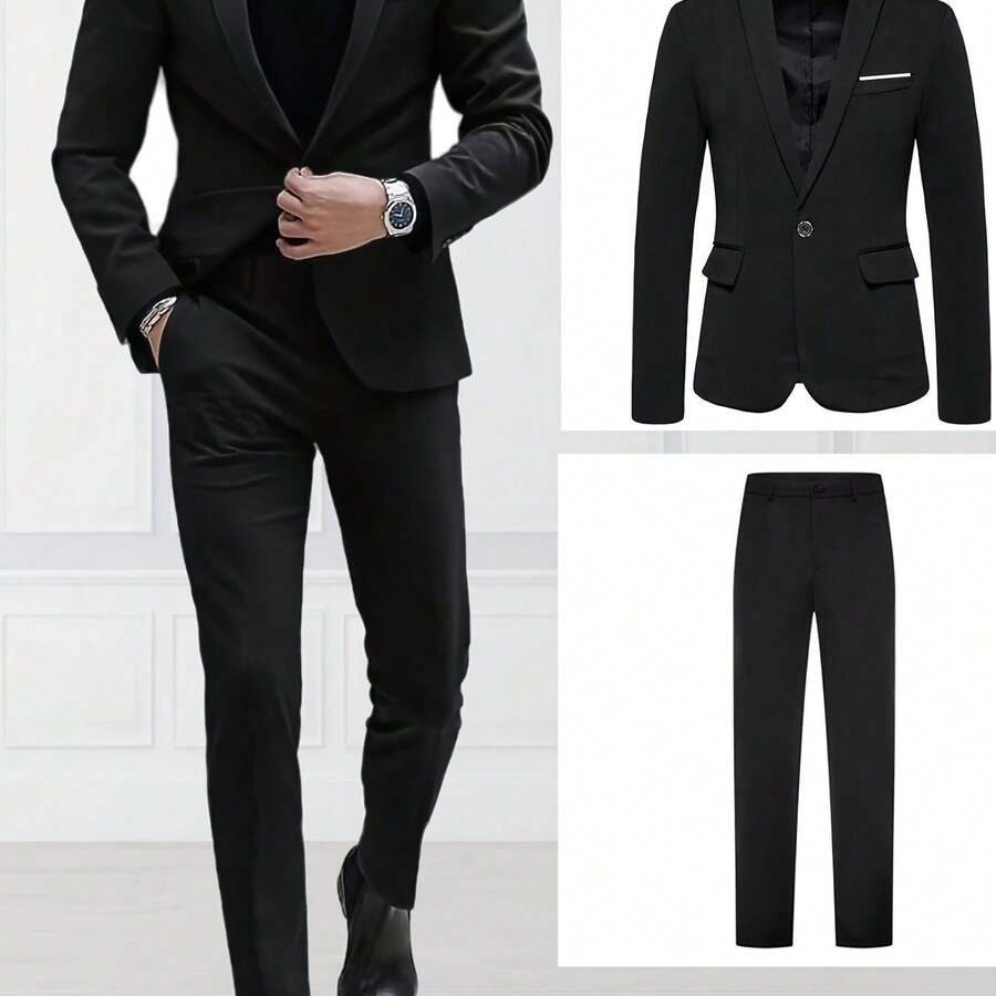 [High-End] 2pcs Men's Suit Set - High-End Fashionable For Wedding Banquet Party - màu đen - Xem 1