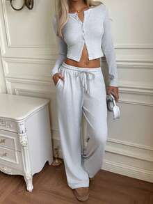 GAOVOT 2pcs Women Casual Cute Long Sleeve Cardigan Jacket And Loose Straight Pants Set - White Flower Gray - View 5