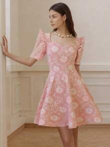 Amyenjoylife Váy đầm Philippines hiện đại thanh lịch, Tay áo cánh bướm, Váy ngắn xếp nếp Jacquard cổ vuông, Áo khoác Bolero Philippines dành cho nữ, Váy hiện đại Philippines, Ngày lễ tình nhân, Váy hồng - Hồng - Xem 2