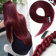 20PCS 50G Tape In Hair Extensions Human Hair, #99J Burgundy Color, 16-26 Inch Double Sided Tapes Ins Human Hair Extensions,  Adhesive Extension Seamless Invisible Skin Weft, Silky Straight With Thick Ends, Remy Human Hair Add Length For Woman Everyday Hairstyle Cosplay Daily Wedding Party Halloween Use - S99J - Xem 3