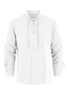 Mens Medieval Pirate Shirt Renaissance Viking Steampunk Lace Up Long Sleeve Tops Halloween Costume - 白色 - 查看 3
