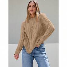 2025  Women's Oversized Cable Knit Crewneck Sweaters - Camel - View 2
