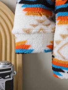 Felpa con cappuccio casual in pile spesso con motivo geometrico totemico, adatta per uscite casual, shopping, inverno