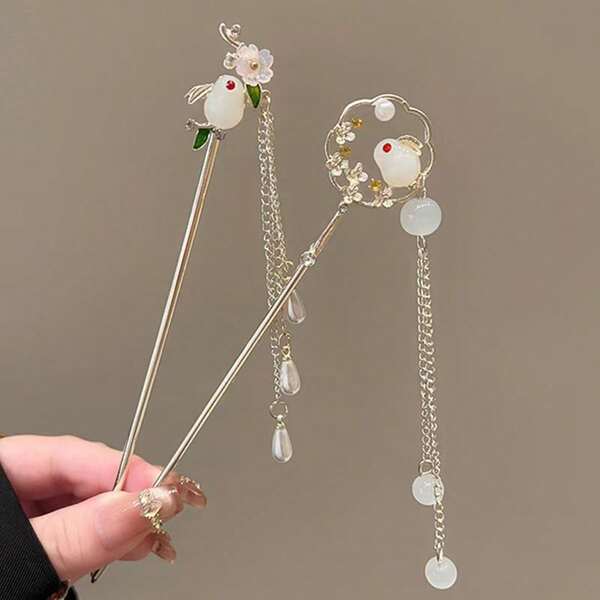 2-In-1 Jade Rabbit & Tassel Handheld Fan Hairpin, Elegant Chinese Style Hair Accessory, 2025 New Collection, Bun Extension, Pins For Hair