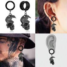 2PCS New Stainless Steel Ear Plugs Tunnels Ear Gauge Stretcher Fashion Halloween Skull Dangle Earrings Body Piercing Jewelry Women Men