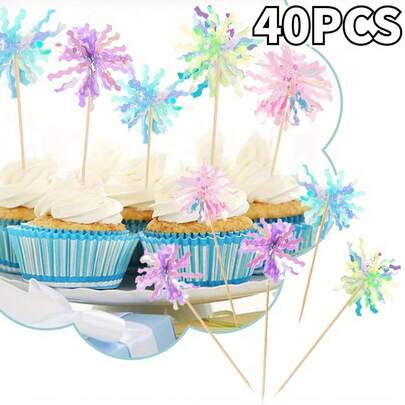 20/40Pcs Cake Decorations Happy Birthday Cake Toppers Shiny DIY Cupcake Toppers Glitter Cake Decoration Wood Ins Style For Wedding Birthday Party Colorful Fireworks Tassels Cupcake Topper Wedding Baking Dessert Decor