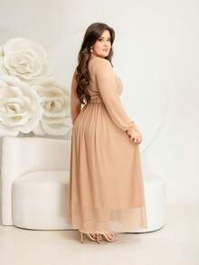 Long Tulle Dress, Plain Fabric, With Belt, Wedding, Holiday - 淺褐色的 - 查看 2