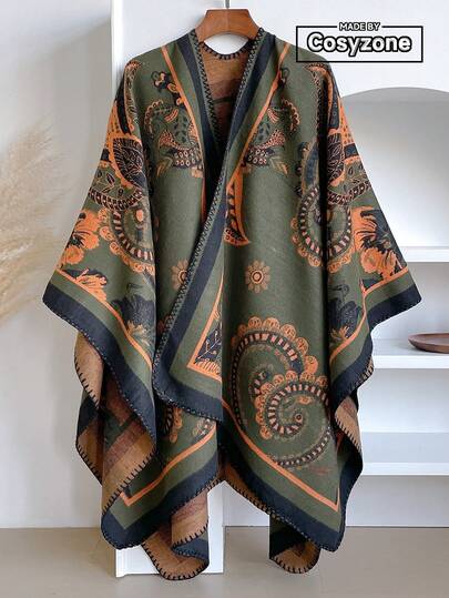 1 件优雅精致花卉提花加厚保暖开衩披肩，女式波西米亚风格百搭空调披肩毯，适合秋冬外出、旅行、摄影、保暖