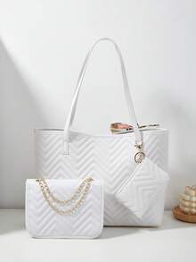 女士三件套：单肩围巾、托特包、链条单肩包、零钱包、绗缝包 - 白色 - 查看 5