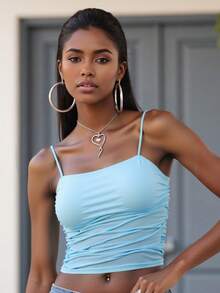 Women's Mesh Cami Tops Sleeveless Square Neck Solid Color Ruched Camisole Summer Tank Tops - Lake Blue - View 4