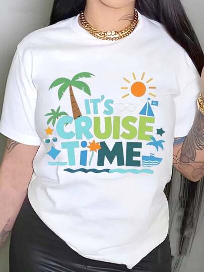 Cruise Time T-Shirt With Palm Tree And Sun Print - Summer Vacation Beach Party Wear For Women,Women's Clothing Graphic Tees