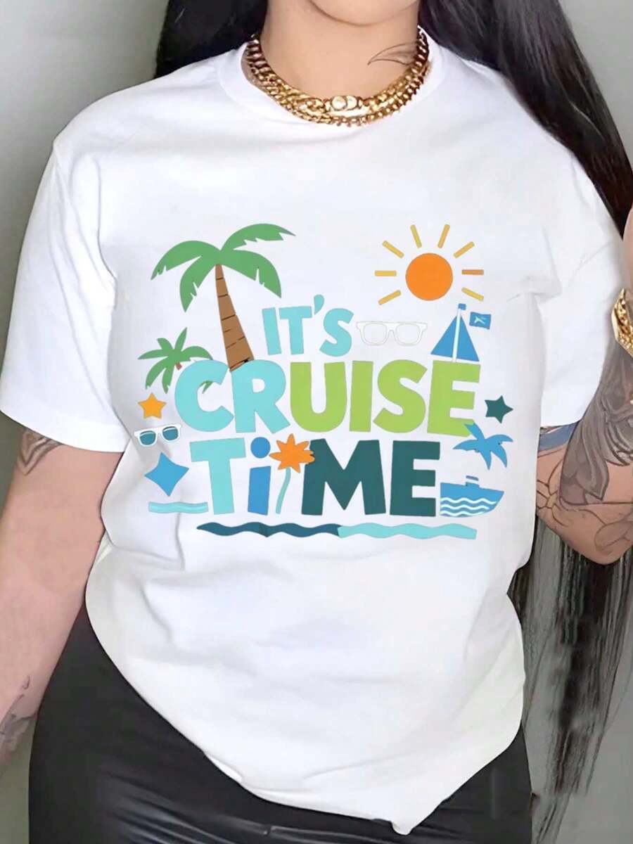 Cruise Time T-Shirt With Palm Tree And Sun Print - Summer Vacation Beach Party Wear For Women,Women's Clothing Graphic Tees
