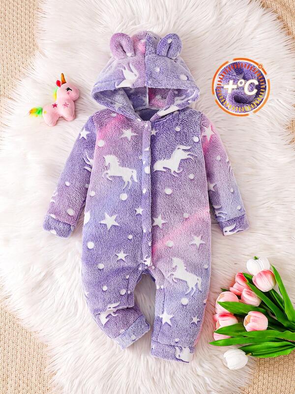 Sudadera con capucha de franela con elemento de cielo estrellado, animal y patrón de poni, cómoda y cálida para el hogar y salidas en invierno