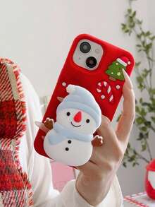 Cute Snowman On Red Background Cartoon Christmas Phone Case, Silicone Shockproof Cover Compatible With Apple 17/16/15/14/13/12 Pro Max