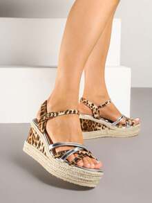 Woven Wedge Sandals With Interwoven Leopard Straps - Silver - View 4