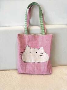 1 PIEZA Nuevo bolso de mano estilo retro rosa para mujer - Diseño lindo de gato de dibujos animados y rayas, cierre con cremallera, uso diario y para ir al trabajo, bolso versátil, estética juguetona, accesorio elegante, adultos, bolso ligero, bolso minimalista, construcción resistente, bolso de mujer, moda femenina