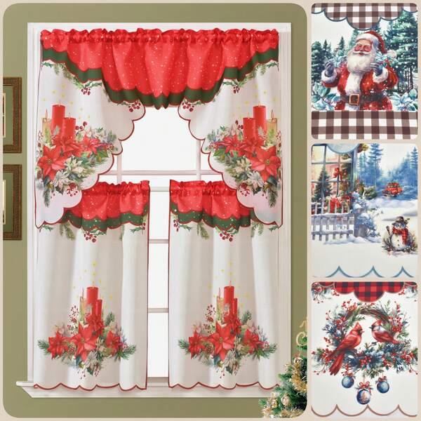 1 SET(3pcs/Set) Polyester Bamboo Fiber Decorative Small Curtains, Christmas Bird, Candle, Flower, Snowman Print, Ideal For Home Decor, Kitchen, Living Room, Bedroom, Bathroom, Villa, Wedding Party