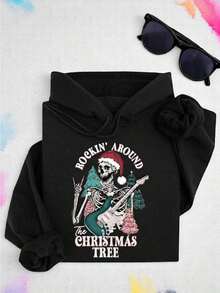 Rockin Around The Christmas Tree Hoodie, Christmas Skeleton Unisex Hoodies, Christmas Rock And Roll Hoodie, Christmas Unisex Gifts, Christmas Vibes Outfit MJ-349,Fall Hoodies,Men's Fall Clothes,Street Wear,Halloween,Mens Hoodies,Y2k Clothes,Jesus Hoodie,Thanksgiving Day,Nightmare Before Christmas,Christmas - 黑色 - 查看 1