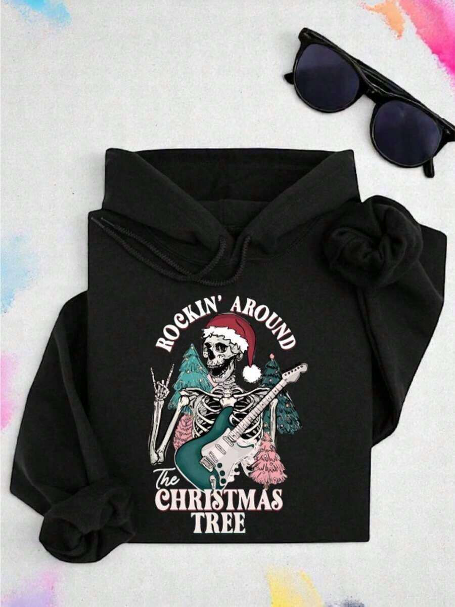 Rockin Around The Christmas Tree Hoodie, Christmas Skeleton Unisex Hoodies, Christmas Rock And Roll Hoodie, Christmas Unisex Gifts, Christmas Vibes Outfit MJ-349,Fall Hoodies,Men's Fall Clothes,Street Wear,Halloween,Mens Hoodies,Y2k Clothes,Jesus Hoodie,Thanksgiving Day,Nightmare Before Christmas,Christmas - 黑色 - 查看 1