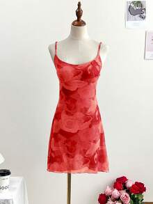 Đầm ngắn nữ phối dây tương phản, cổ bèo nhún, thích hợp cho đi biển, phong cách phương Tây, lễ hội âm nhạc, kỳ nghỉ hè, đầm hè màu xanh dương kiểu bohemian, trang phục đi nghỉ mát màu xanh dương, trang phục đi biển màu xanh dương, đầm in họa tiết màu xanh dương, dự tiệc thanh lịch - Màu Hoa hồng đỏ - Xem 4