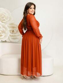 Long Tulle Dress, Plain Fabric, With Belt, Wedding, Holiday - 亮橙色 - 查看 2