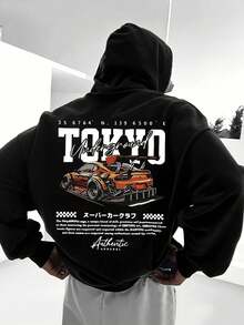 时尚男士地下赛车改装车图案印花连帽衫 - 黑色 - 查看 1