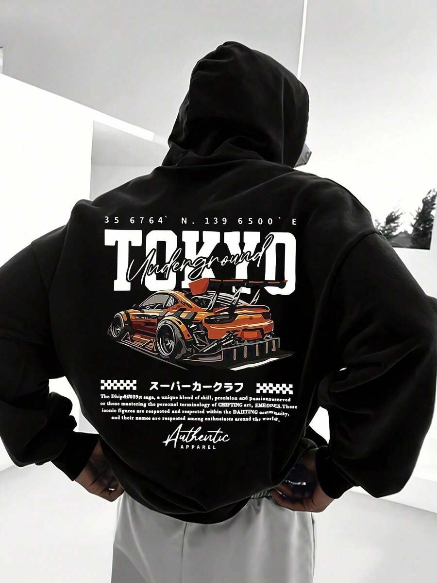 时尚男士地下赛车改装车图案印花连帽衫 - 黑色 - 查看 1