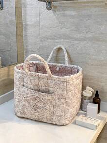 1Pc Floral Print Quilted Storage Basket, Foldable Large Capacity Bag With Handle, Multifunctional Organizer For Cosmetics, Toys, Laundry & Home Decor - Multicolor - View 7
