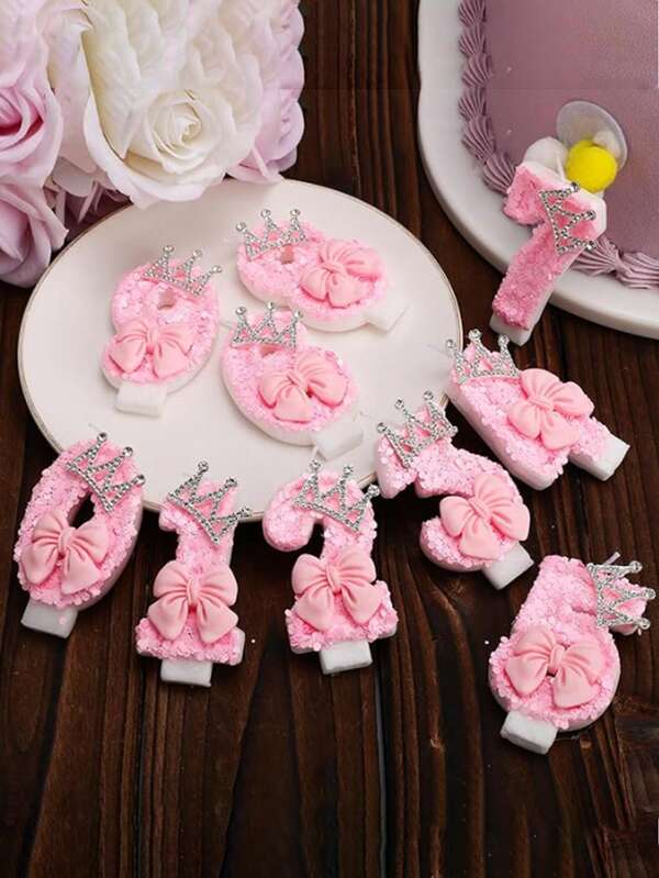 1pc Pink Glitter Number Candle With Crown & Bow Decor, Paraffin Wax Material, Single Wick, Suitable For Girls' Birthday & Anniversary Celebration, No Electricity Required