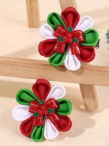 2pcs Girls Christmas Flower Hair Clips, Cartoon Christmas Tree & Bell & Santa Claus Accessory Decor Flower Clips, Classic Christmas Color Satin Ribbon Flower Hair Clips, Cute Festive Hair Accessories For Toddlers/Kids, Perfect For Christmas Parties, Holiday Gatherings, Winter Outfits & Family Photos, Adorable Xmas-Style Flower Hair Ornaments