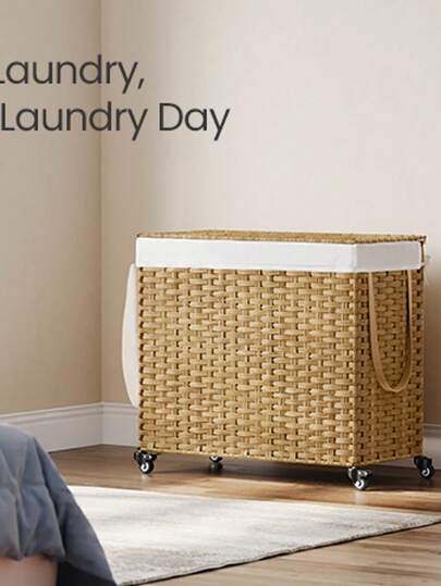 Laundry Basket With Lid, 160 L, Rolling Laundry Hamper With Wheels, 3-Compartment Synthetic Rattan, Removable Liner, For Laundry Room, Bedroom, 70 X 36 X 66 Cm, White/Grey