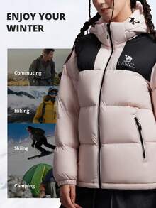 CAMEL CROWN Jachetă de exterior cu puf, jachetă scurtă cu puf pentru toamnă/iarnă, unisex, haină călduroasă, groasă, rezistentă la vânt, cu glugă, căptușită