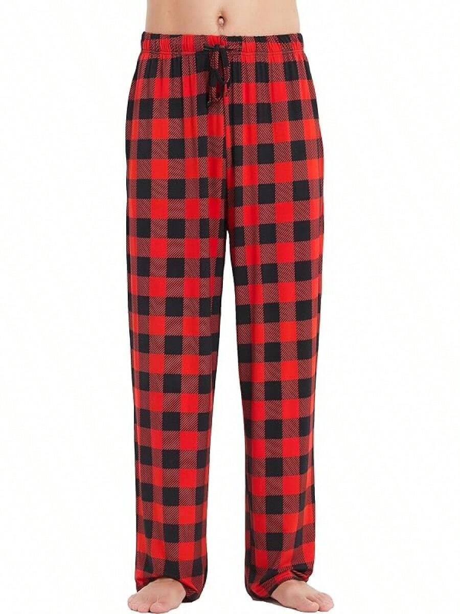 Mens Pajama Pants - Viscose Made From Bamboo, Soft Sleep Pants Comfy Drawstring Lounge Bottom With Pockets Sweatpantshalloween - Red Plaid - View 1
