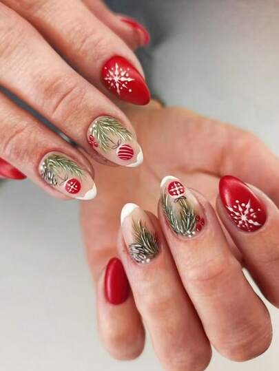 Upgrade Your Look,24Pcs Oval Matte Christmas Day False Nails For Women,Red Christmas Tree Hydrangea Pattern Nail Art Design,Minimalist Festive Holiday Style