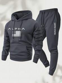 Men's Two-Piece Suit, Casual Round Neck Long-Sleeved Hooded Sweatshirt And Sweatpants Set, Suitable For Winter And Autumn, Sportswear Set, Pattern, Sweater Hoodie, Sweatshirt, Halloween, Jogging Pants, Pants, Hoodie, Sweatpants, Jogging Pants - 深灰色 - 查看 1