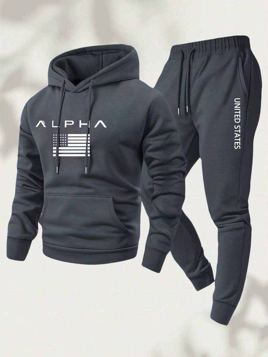 Men's Two-Piece Suit, Casual Round Neck Long-Sleeved Hooded Sweatshirt And Sweatpants Set, Suitable For Winter And Autumn, Sportswear Set, Pattern, Sweater Hoodie, Sweatshirt, Halloween, Jogging Pants, Pants, Hoodie, Sweatpants, Jogging Pants - 深灰色 - 查看 1