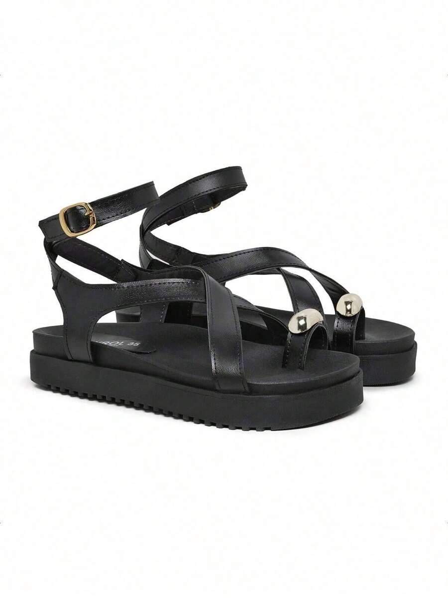 Sandals With Cross Straps, Summer Flat Sandals, Toe Decoration - 黑色 - 查看 1