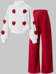 Conjunto de 2 piezas de top tejido con textura 3D de fresa dulce y encantadora y pantalones de pana roja para niñas jóvenes, perfecto para el campus diario, actividades al aire libre y fiestas en primavera, otoño e invierno - Blanco - Ver 3
